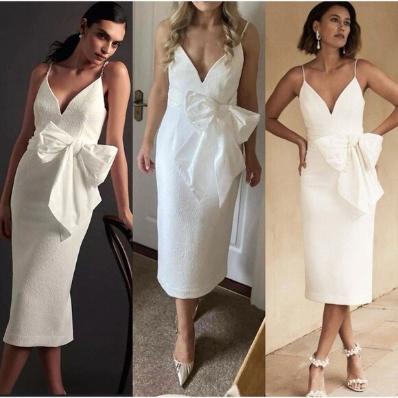 Rebecca Vallance Genevieve Size 6 Bow V Neck Midi Sheath Dress White - Picture 11 of 11